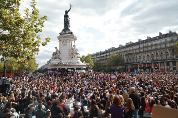 Several thousand people gather to stage a demonstration in support of Gisele Pelicot and all victims of rape on the Place de la Republique in Paris on September 14.