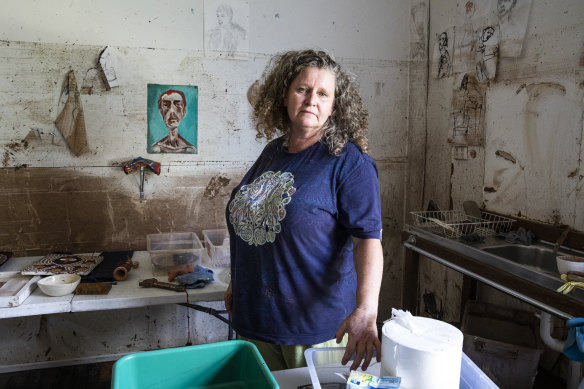 Manager of Silver Cloud Studios, Robyn Staines in her studio after floodwaters receded.