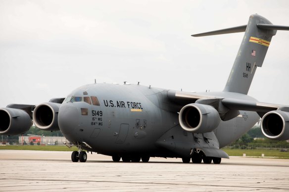 A US military aircraft carrying 132 pallets of Nestle Health Science Alfamino Infant and Alfamino Junior formula arrives to Indianapolis International Airport in Indianapolis, Indiana.