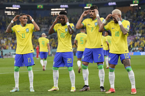 Vinicius jnr, second left, celebrates his opening goal with teammates Raphinha, Lucas Paqueta and Neymar.