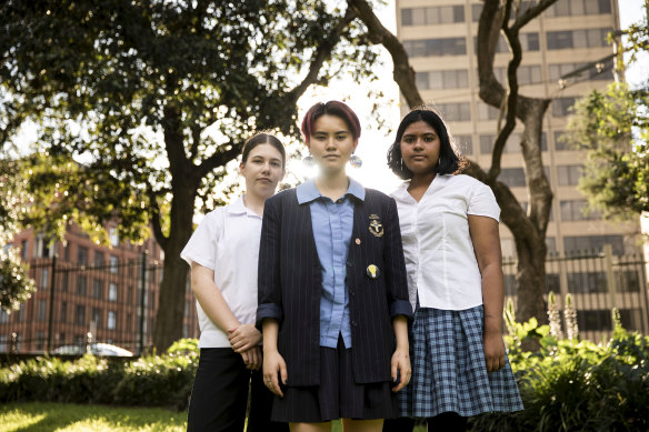Veronica Hester, Imogen Kuah and Natasha Abhayawickrama are leading student climate actions on Friday.