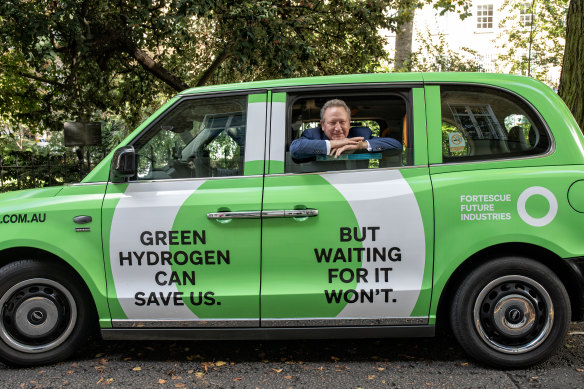 Known for his media stunts, Forrest arranged for a fleet of London taxis to be painted green, with the logo of his clean-energy subsidiary, before last year’s climate talks in Glasgow.