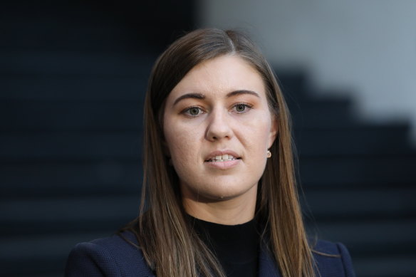 Former Political Staffer Brittany Higgins speaks to the media after meeting with Prime Minister Scott Morrison at the CPO in Sydney on April 30, 2021. Fedpol  Photo: Dominic Lorrimer