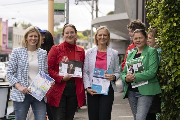 Liberal Jess Wilson (left), Labor’s Lucy Skelton, teal candidate Sophie Torney and Greens contender Jackie Carter are locked in a highly competitive but civilised race for the seat of Kew.