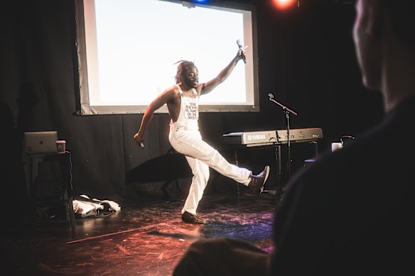 Demi Adejuyigbe in full flight – he is a very physical performer. 
