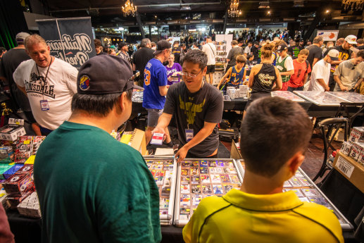 On for young and old: Melbourne Pavilion in Kensington was packed with trading card fans on Sunday.