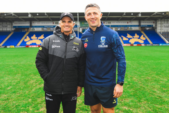 Penrith Panthers coach Ivan Cleary and Warrington Wolves coach Sam Burgess after an opposed session at Halliwell Jones Stadium.