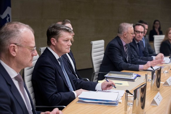 Victorian Premier Ben Carroll (second from left) with Albanese and other leaders at the national cabinet.