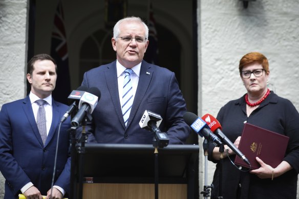 Foreign Affairs Minister Marise Payne accused Russia of committing war crimes, during a press conference at Kirribilli House with Prime Minister Scott Morrison and Immigration Minister Alex Hawke. 