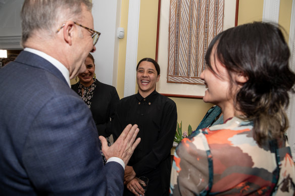 Prime Minister Anthony Albanese with Sam Kerr in the UK on Thursday.