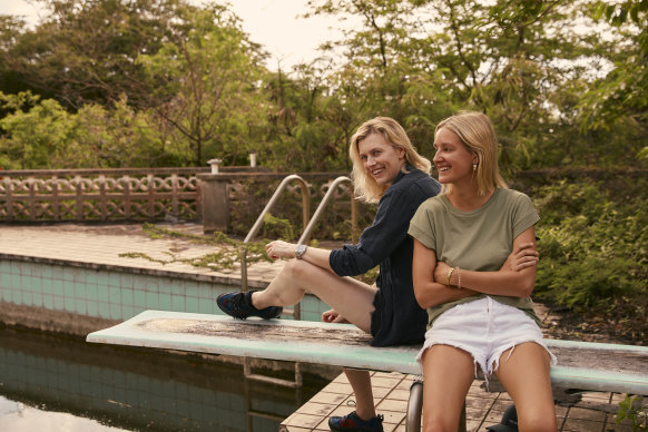 Director Gracie Otto, left, and producer Cody Greenwood in 2019 on the diving board where rock stars once sunbathed.