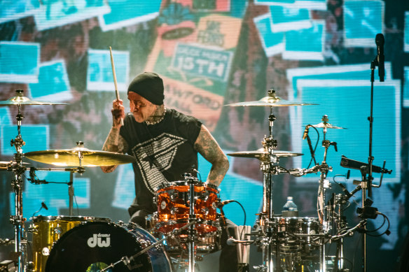 Blink-182’s drummer Travis Barker performs at Rod Laver Arena.
