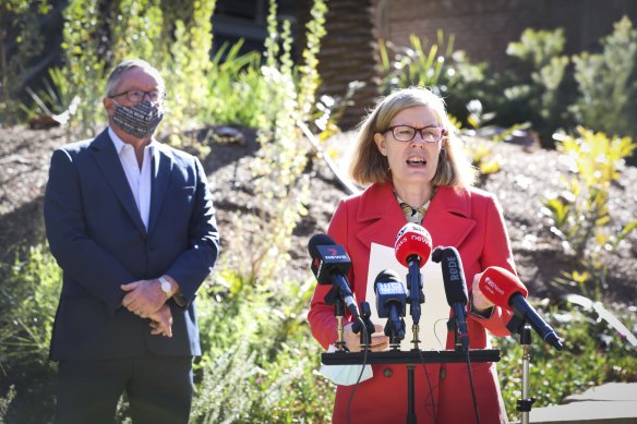 NSW Chief Health Officer Kerry Chant addresses reporters on Sunday while Health Minister Brad Hazzard watches on.