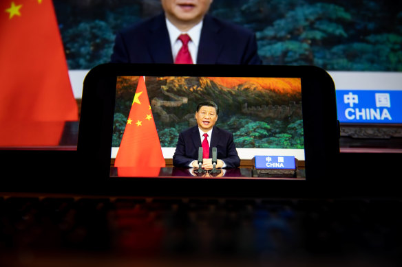 Chinese President Xi Jinping delivers a pre-recorded address to the United Nations General Assembly in New York, on Tuesday.