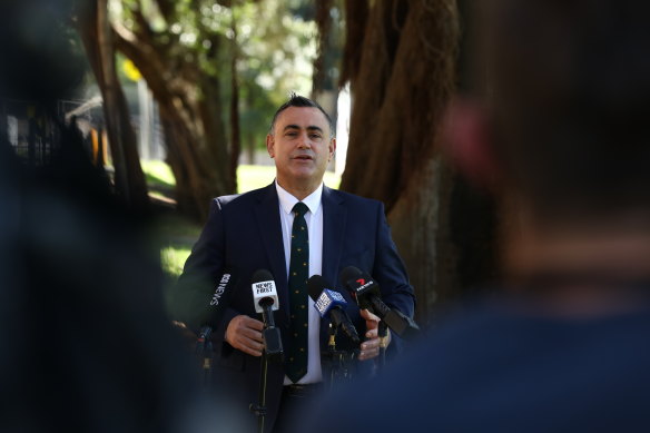 NSW Nationals Leader John Barilaro announces he will resign as NSW Deputy Premier at Parliament House in Sydney on October 4, 2021.