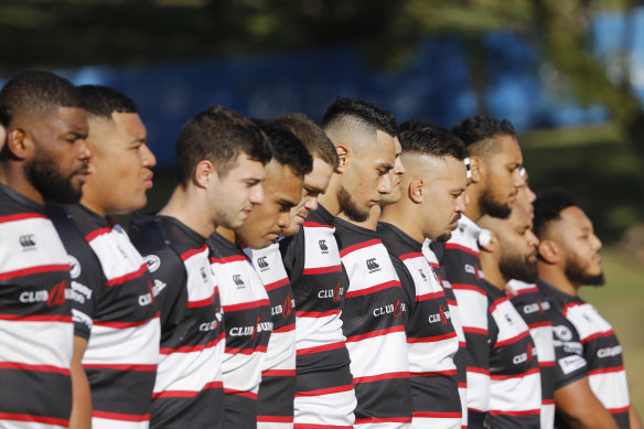 West Harbour line up ahead of an Anzac Day game against Newcastle at Drummoyne.