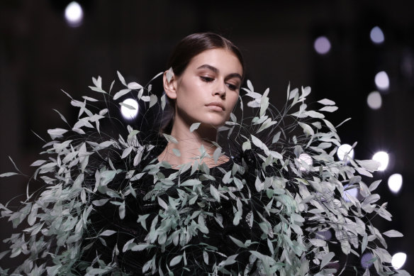 Model Kaia Gerber wears a creation for the Givenchy Haute Couture Fall-Winter 2020 collection.