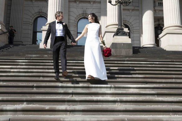 Designer steal … Camilla King and husband Matthew Scarlett on their wedding day.