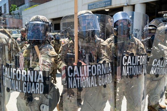 California National Guards are troops outside a prison in Los Angeles in June.