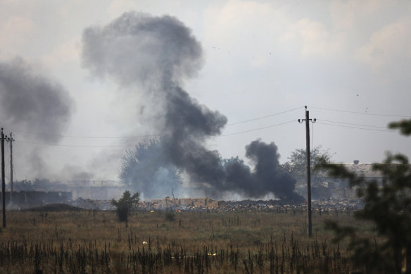 Smoke rises over the site of explosion at an ammunition storage of Russian army near the village of Mayskoye, Crimea, on Thursday.