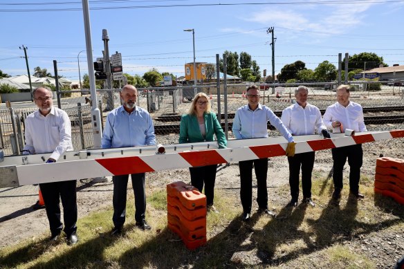 Transport Minister Rita Saffioti (centre) with Energy Minister Bill Johnston (left) and south east Labor MPs Hugh Jones, Chris Tallentire, Stephen Price and Matthew Swinbourne at the Mint Street level crossing.