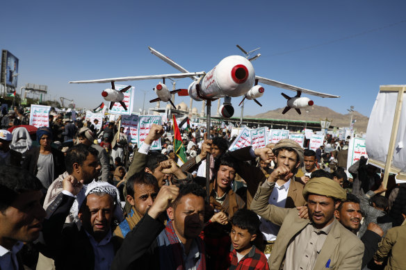 Houthi supportsers attend a rally against the US-led strikes on Yemen and Israel’s war in Gaza Strip, in Sanaa, Yemen on Friday.