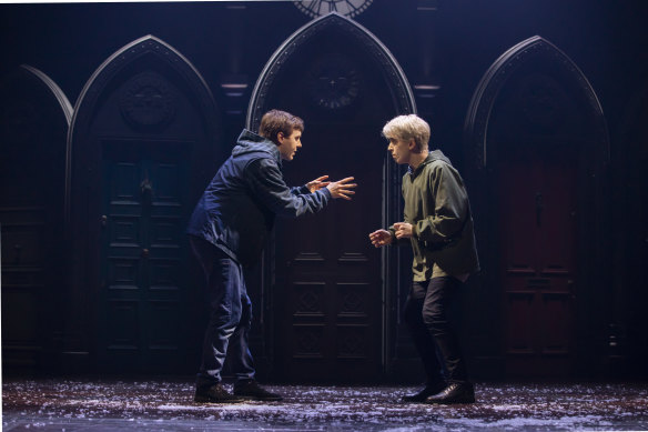 Sean Rees-Wemyss, left, as Albus Potter and Nyx Calder as Scorpius Malfoy.