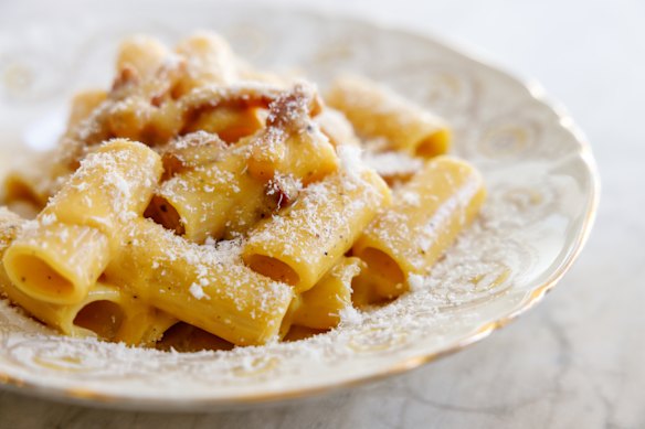 A classic – rigatoni carbonara at Santo Palato.