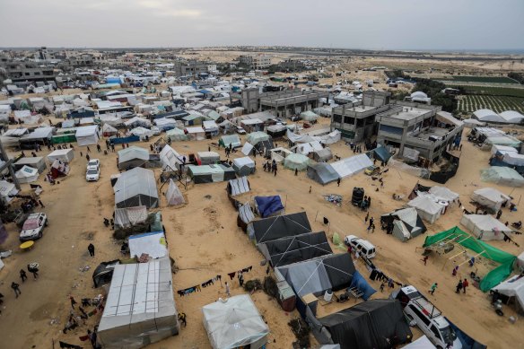Displaced Palestinians are housed in makeshift tents in the so-called safe zone in al-Mawasi, Rafah, Gaza, on Thursday.