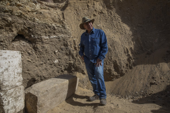 Egyptian archaeologist Zahi Hawass, known for his Indiana Jones hat, stands at the excavation site of the funerary temple of Queen Nearit, the wife of King Teti.
