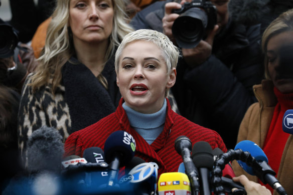 Actress Rose McGowan outside court during Harvey Weinstein's trial.