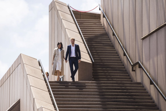 Harry and Meghan outside the Sydney Opera House during their visit in 2018. 