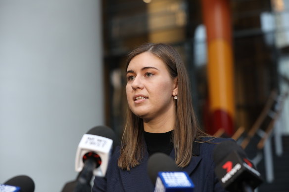 Brittany Higgins speaks to the media after meeting with the Prime Minister Scott Morrison in April.