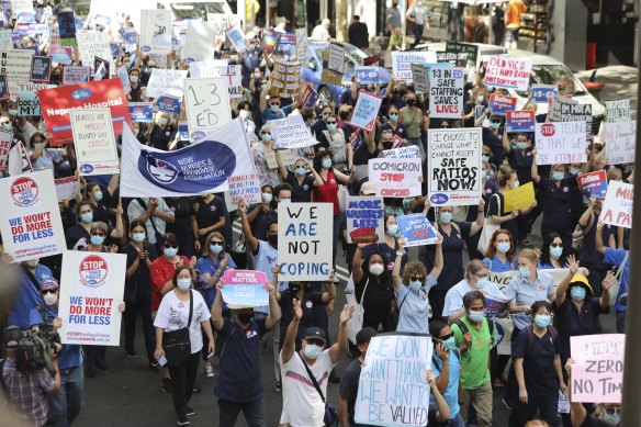 At least 5000 NSW nurses marched in Sydney’s CBD on Tuesday to demand the implementation of staff-to-patient ratios in the state’s hospitals.