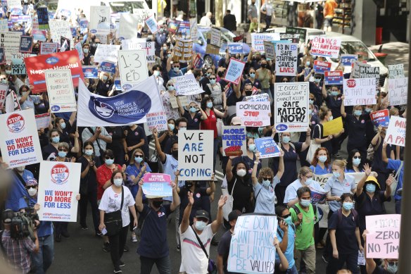 Thousands of nurses marched in Sydney’s CBD in February. 