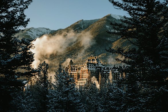 The castle-like Banff Springs Hotel in winter.