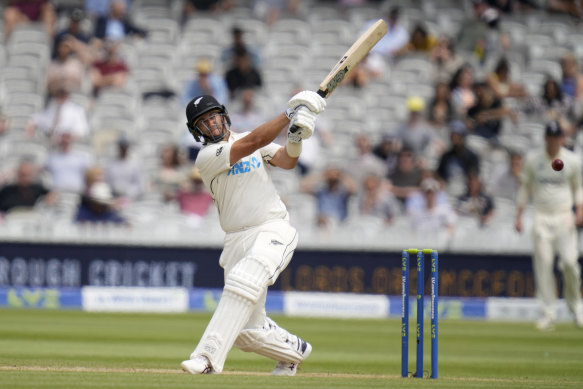 New Zealand’s Ross Taylor plays a shot off the bowling of England’s Ollie Robinson.