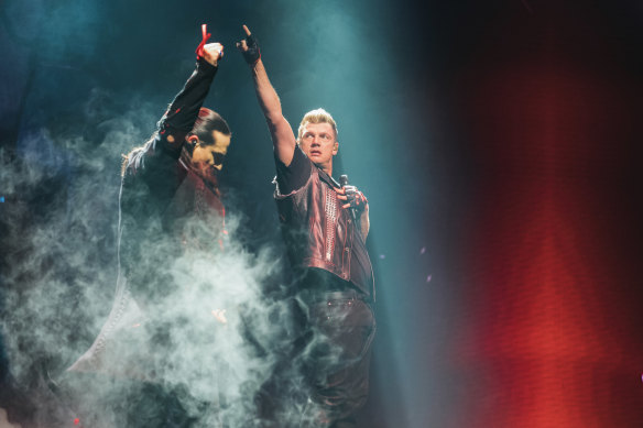 Kevin Richardson (left) and Nick Carter of the Backstreet Boys perform together in Melbourne.