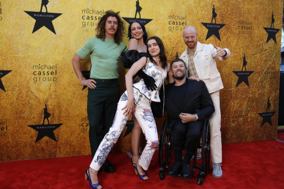 Adam Hyde, Chantelle Otten, Dylan Alcott and others at the Melbourne premiere Hamilton at Her Majesty’s Theatre on Thursday evening.