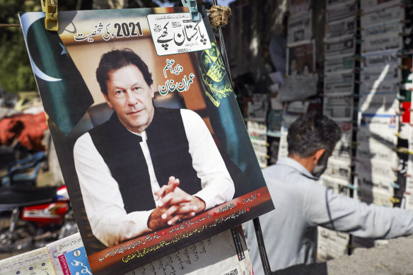 A portrait of Imran Khan, Pakistan’s prime minister, at a market in Islamabad, Pakistan, on Tuesday.