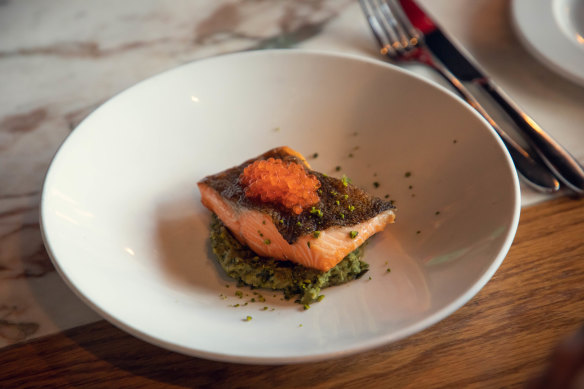 Trout with pesto pistachio served at Wright Bros. Battersea Park.