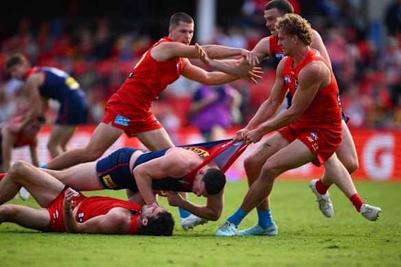 Steven May from Melbourne was thick when Temperatures flared up against the former team of Gold Coast Suns.