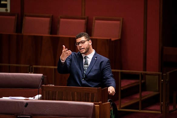 It took the author more than two years to gather enough information about Senator Jordon Steele-John, seen here in the Senate chamber.
