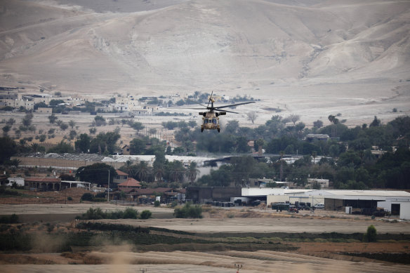 A helicopter takes off carrying Prime Minister Benjamin Netanyahu after a cabinet meeting in the West Bank.
