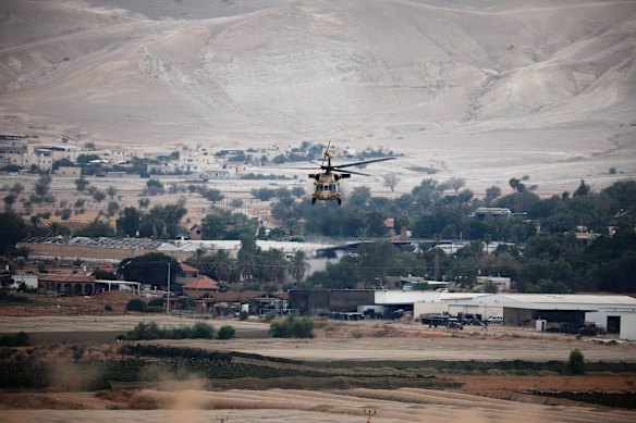 A helicopter takes off carrying Prime Minister Benjamin Netanyahu after a cabinet meeting in the West Bank.