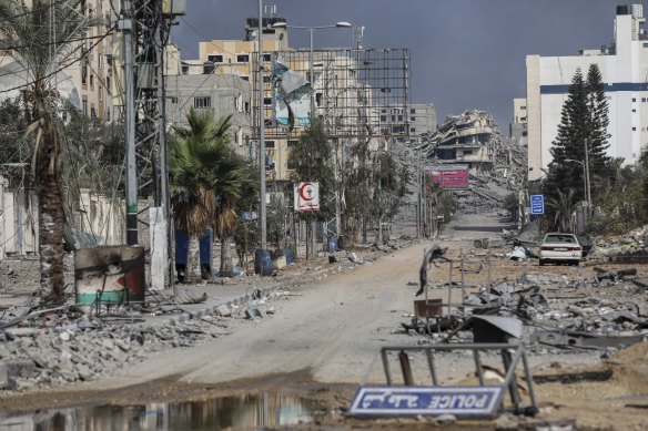 Buildings destroyed by the ongoing Israeli airstrikes on Gaza City.