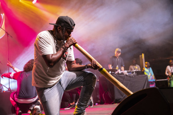 Baker Boy plays the didgeridoo at the National Indigenous Awards in Darwin, 2019.