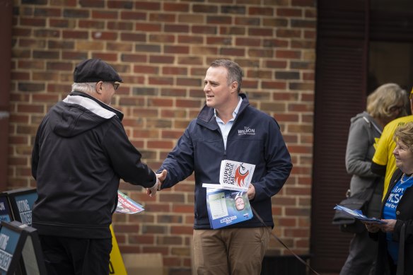 Tim Wilson at a pre polling booth in Brighton on Wednesday