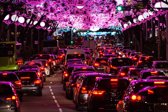 Night traffic on Orchard Road, Singapore.