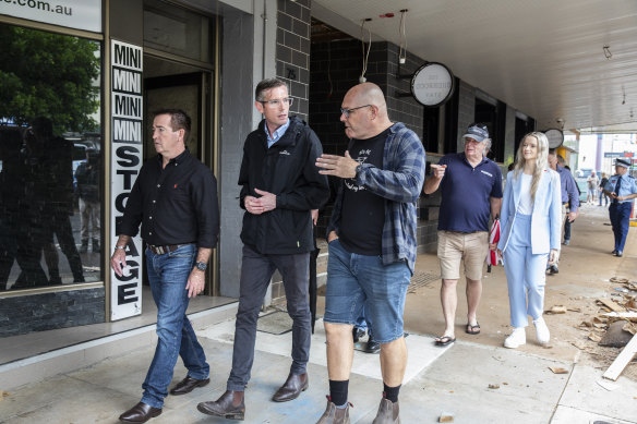 Premier Dominic Perrottet talks with Lismore mayor Steve Krieg as they tour the main street in April.